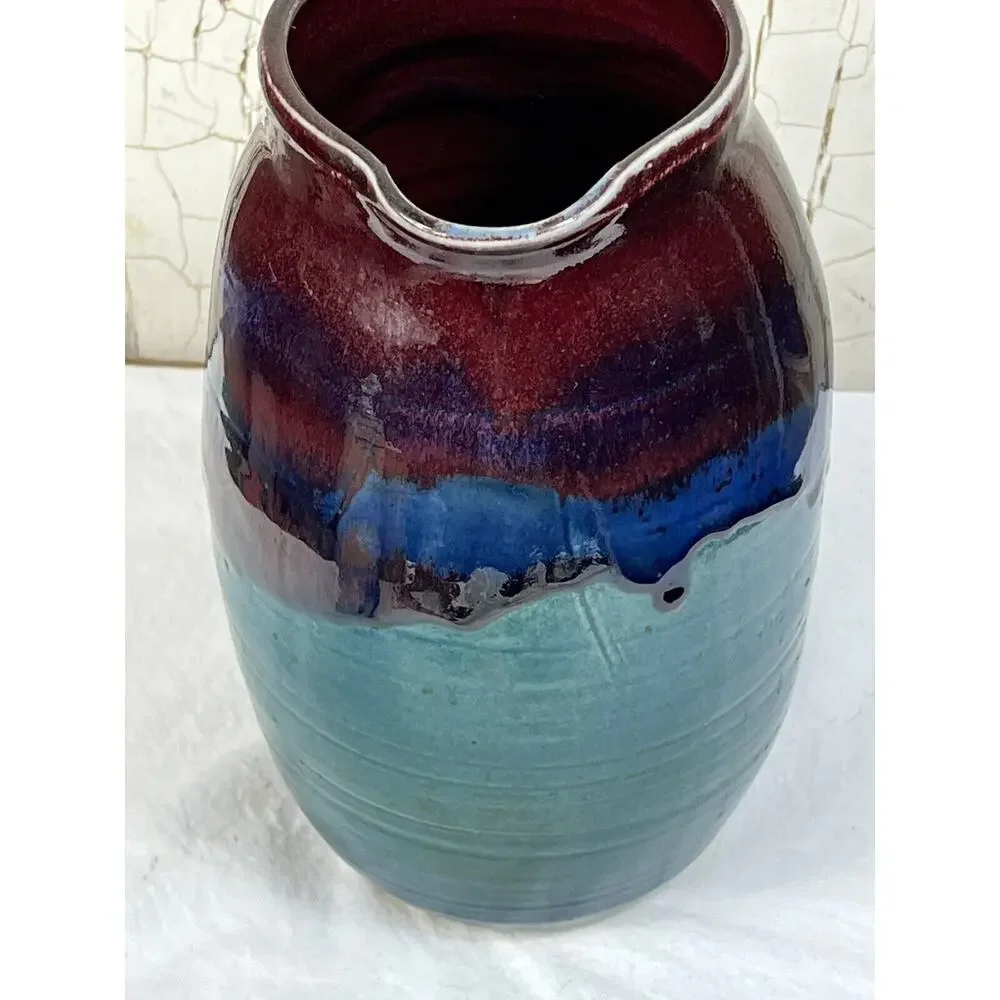 Joe Frank McKee Pottery Jug Jar Hand Thrown 9” Glazed Purple Blues Greens Art